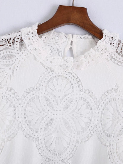 Spring New Women's Hollow Embroidered Blouse Stand Collar Three-quarter Sleeve Slim Fit All-match Top