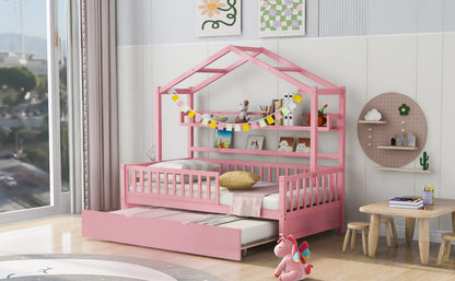 Wooden Twin Size House Bed with Trundle Kids Bed with Shelf Pink