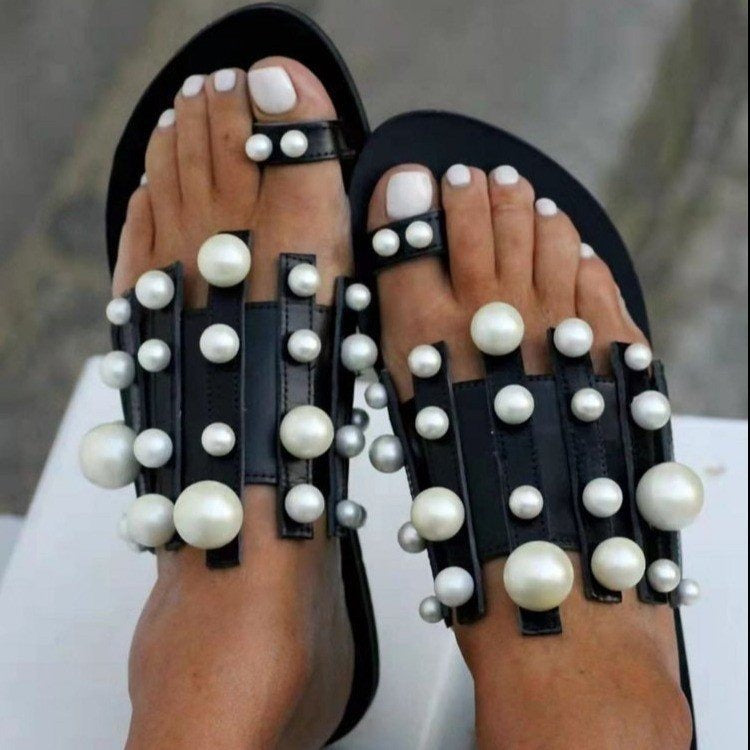 Beach toe set pearl flat sandals for women's shoes