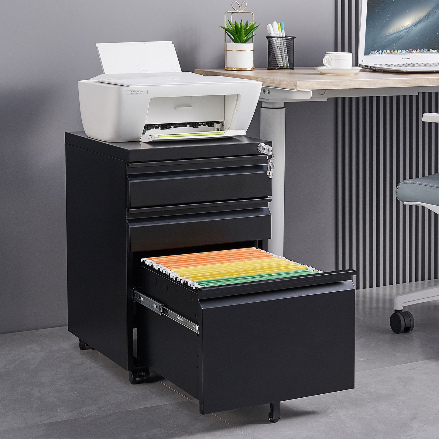 Locked three drawer storage mobile metal filing cabinet with pre installed wheels under the desk filing cabinet