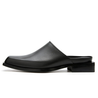 Men's square headed cowhide slippers with a stylish hollow back without a heel hollowed out leather slippers