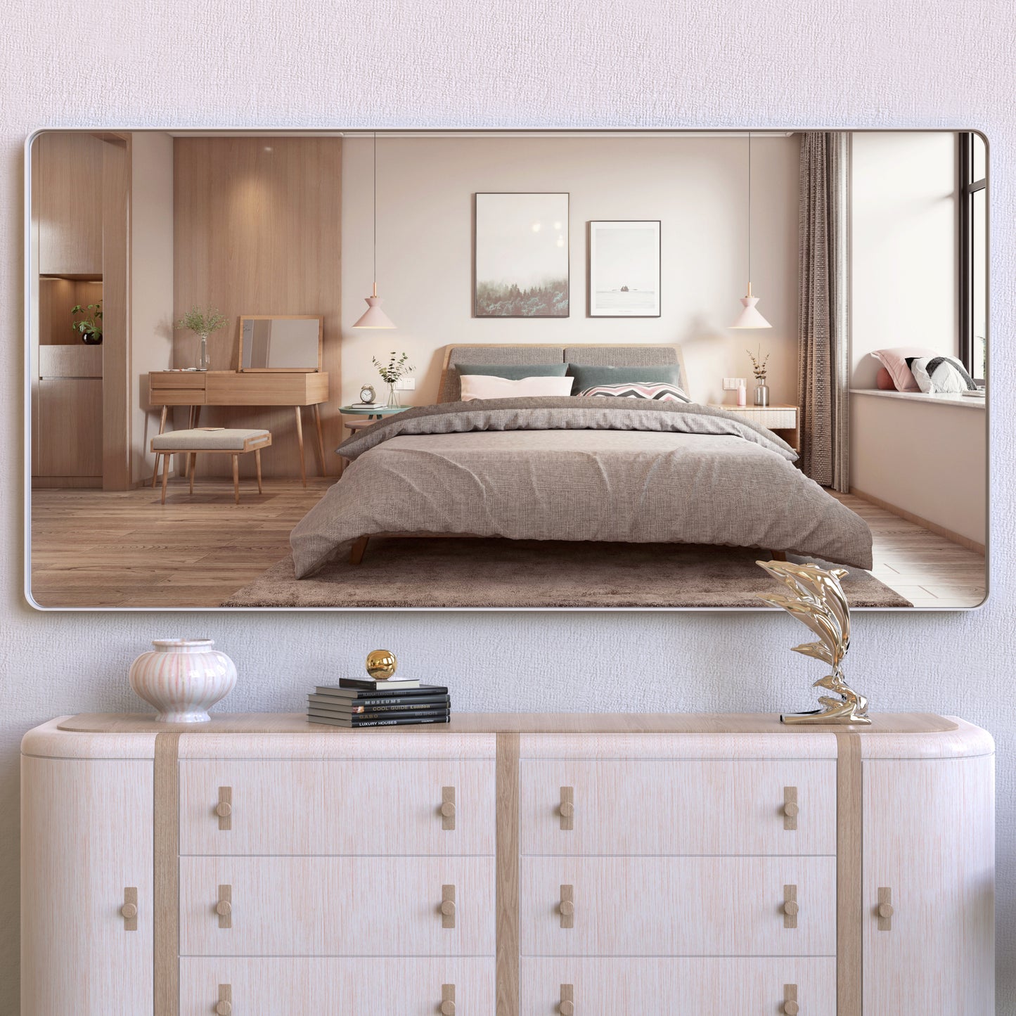 Large bathroom mirror with movable tray wall mounted mirror, vertically and horizontally suspended aluminum frame wall mounted m