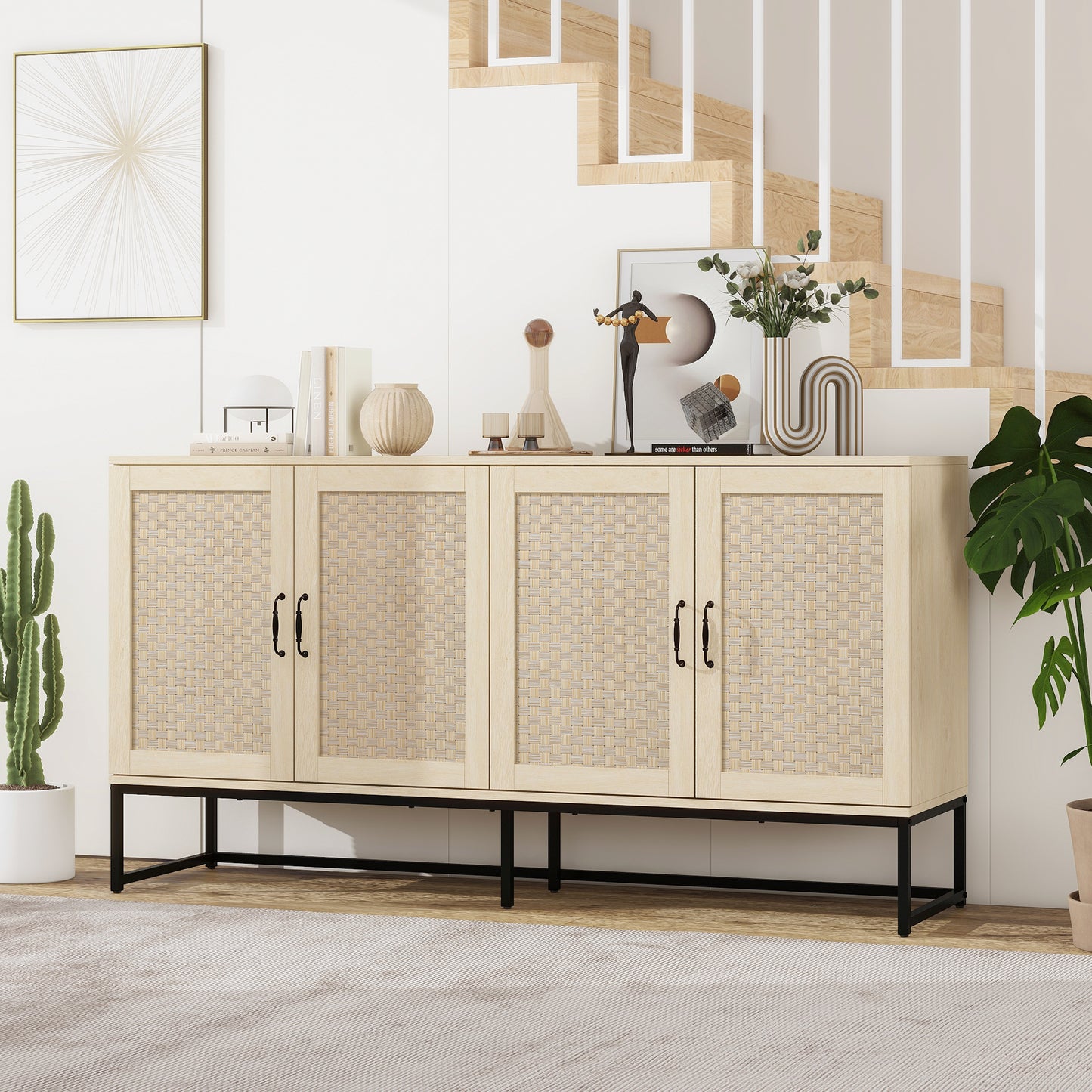 Rattan 4-Door Sideboard , Sideboard Buffet Storage Cabinet,Accent Storage Cabinet , Large Cabinet With 4 Rattan Decorated Doors