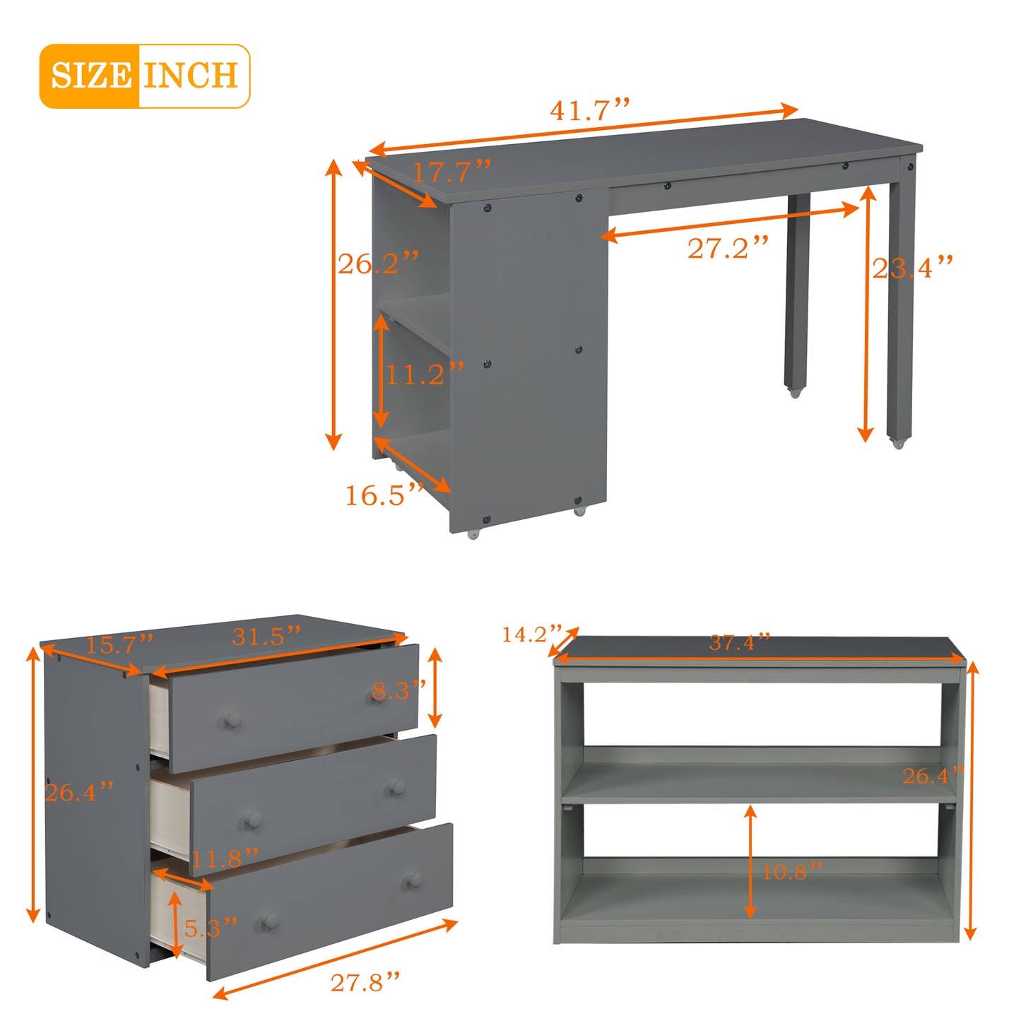 Low Study Twin Loft Bed with Cabinet and Rolling Portable Desk - Gray (OLD SKU :LP000113AAE)