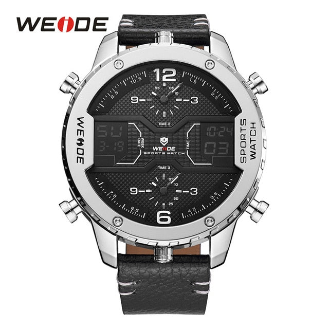 WEIDE men's Sports watch Analog Hands Digital Calendar Quartz Brown Leather Strap Wrist watches