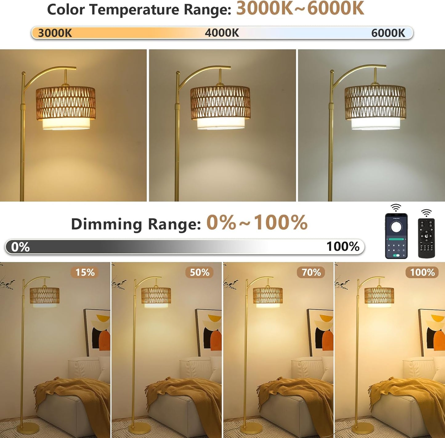 Gold Floor Lamps for Living Room with Remote & Dimmable LED Bulb, Modern Arc Floor Lamp with 3 Color Temperatures