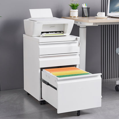 Locked three drawer storage mobile metal filing cabinet, pre assembled filing cabinet, except for wheels under the table (white)