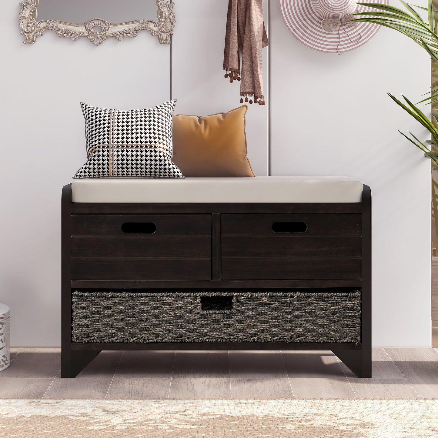 TREXM Storage Bench with Removable Basket and 2 Drawers, Fully Assembled Shoe Bench with Removable Cushion (Espresso)