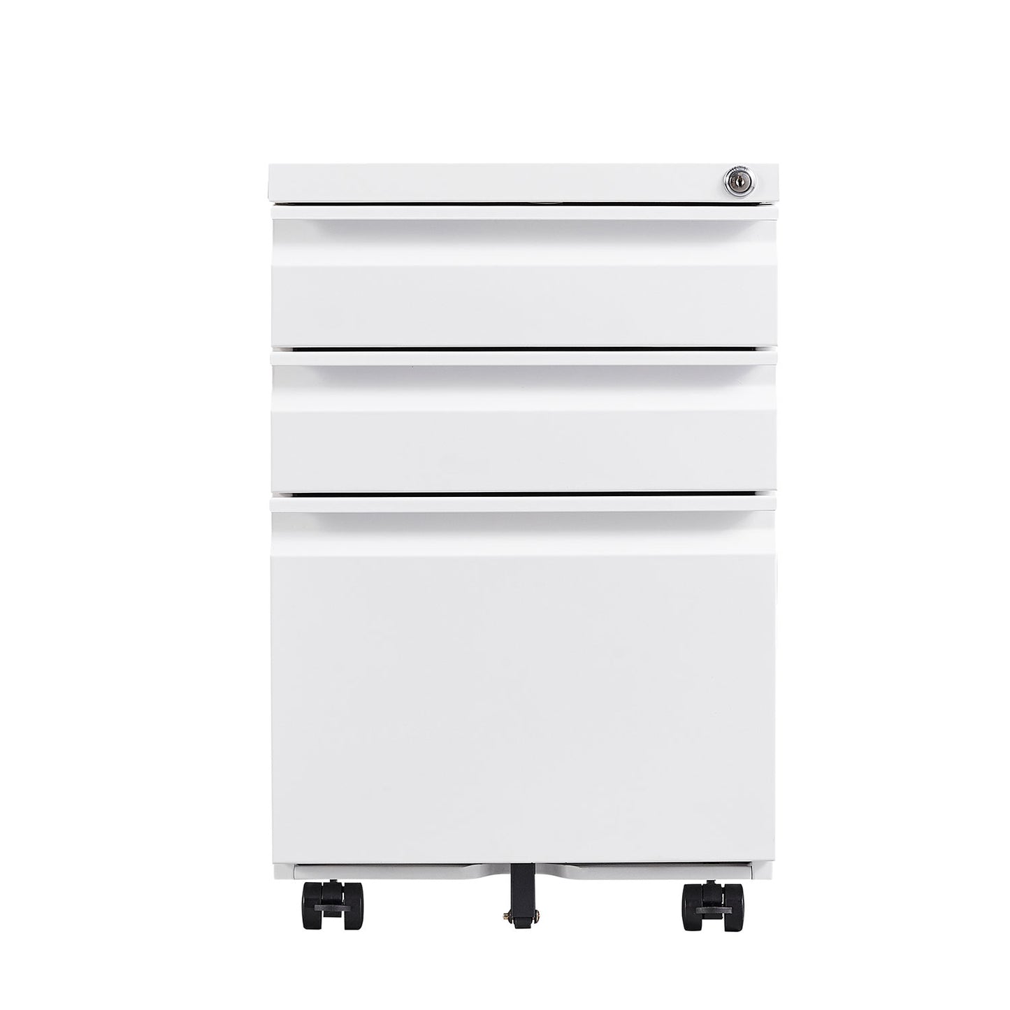 Locked three drawer storage mobile metal filing cabinet, pre assembled filing cabinet, except for wheels under the table (white)