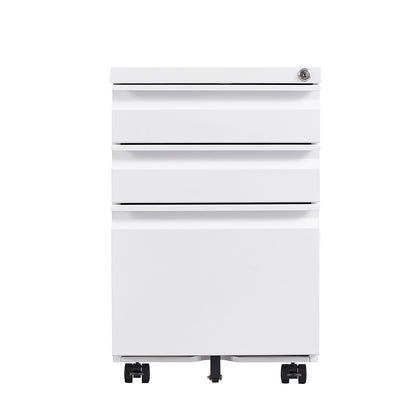 Locked three drawer storage mobile metal filing cabinet, pre assembled filing cabinet, except for wheels under the table (white)