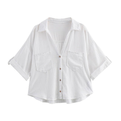 Linen blend pocket decoration single breasted short shirt