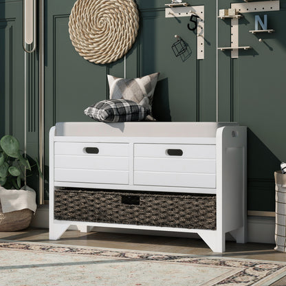 TREXM White Storage Bench with Removable Basket and 2 DrawersFully Assembled Shoe Bench with Removable Cushion