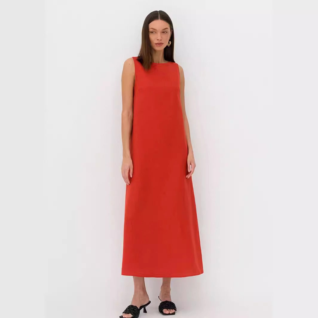 Fashion basic solid color bottoming vest dress female French loose round neck cotton and linen A-line dress