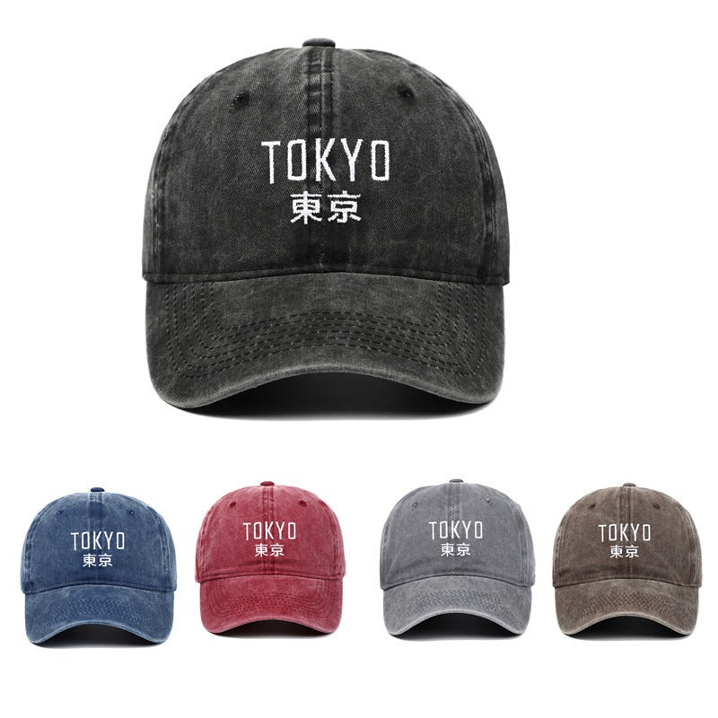 Tokyo letter embroidery retro old soft top washed baseball cap outdoor sun protection duck tongue