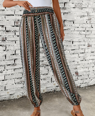 Long pants with high waisted print and a drooping feeling straight tube elastic and tight leg pants