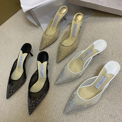 Mesh hot diamond high heel slippers, pointed slippers, single toe shoes, crystal