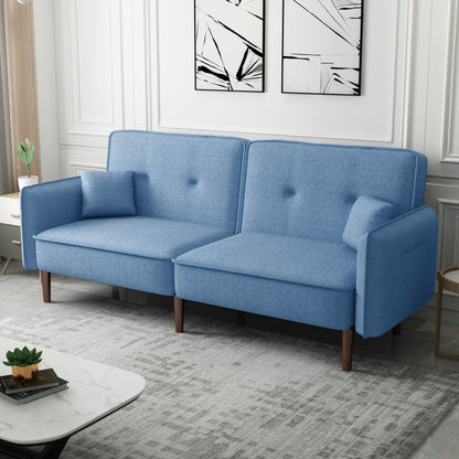 Living Room Bed Room Leisure Futon Sofa bed in Blue Fabric with Solid Wood Leg