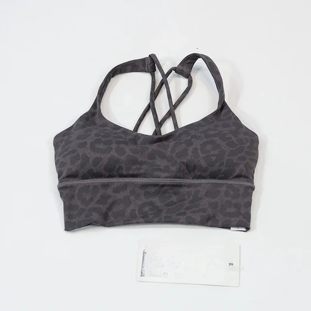 Women Leopard Print Fine Strap One Piece Bra Sports Yoga Outdoor Fitness Tight Bra with Built-in Chest Pad