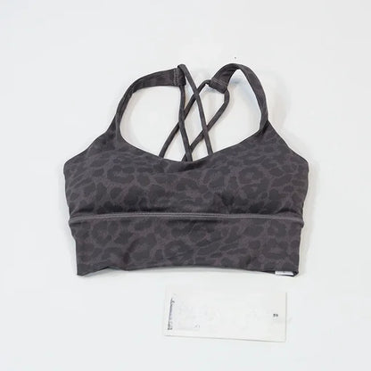 Women Leopard Print Fine Strap One Piece Bra Sports Yoga Outdoor Fitness Tight Bra with Built-in Chest Pad