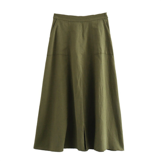 Linen blend midi skirt with pocket embellishment cape skirt