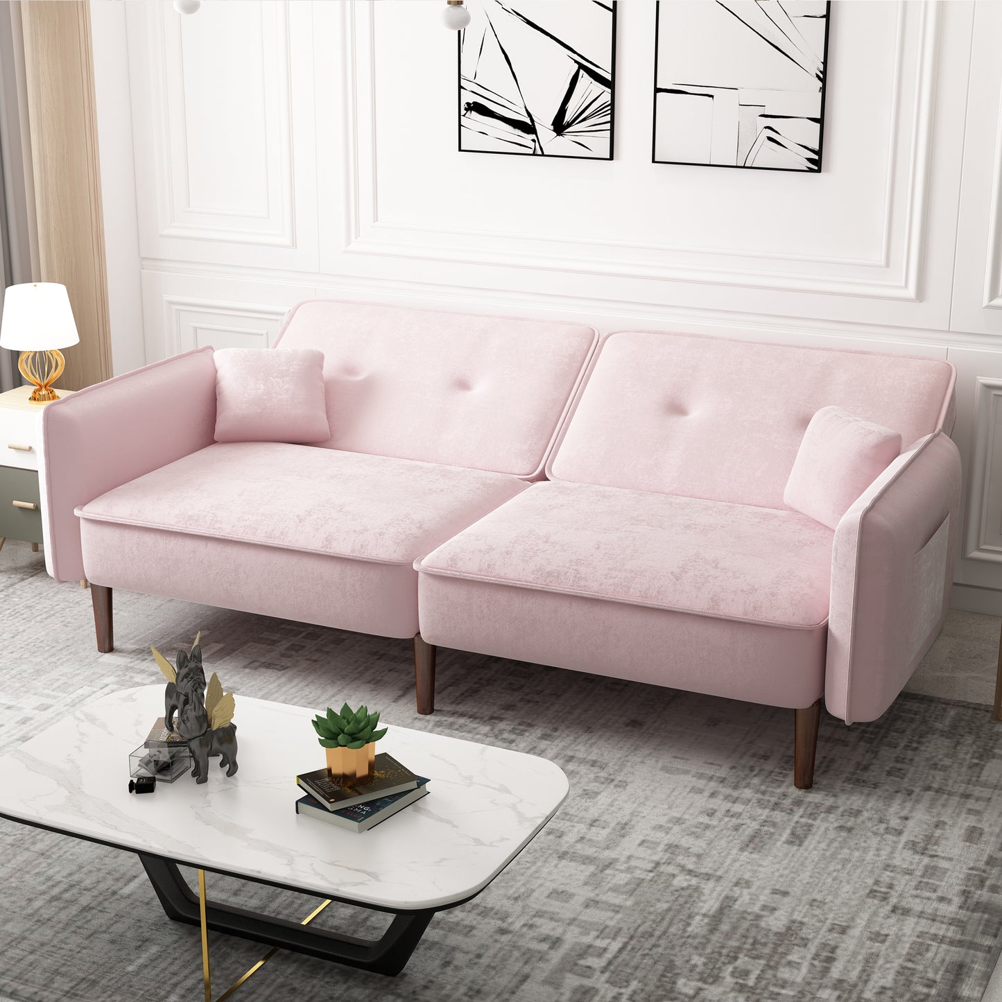 Convertible Sofa Bed with Wood Legs in Velvet(Pink)