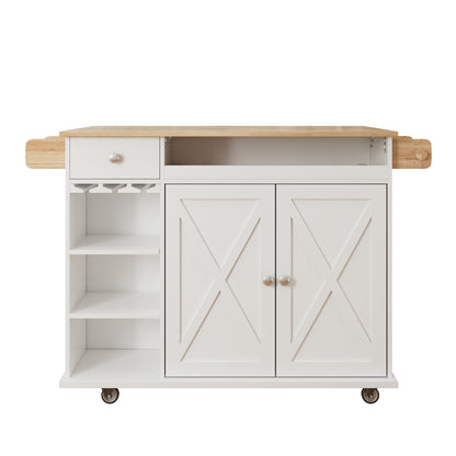 44 Inch Kitchen Island Cart with Solid Wood Top, Wine Storage, Spice Rack, Towel Rack, Wine Glass Holder White & Oak