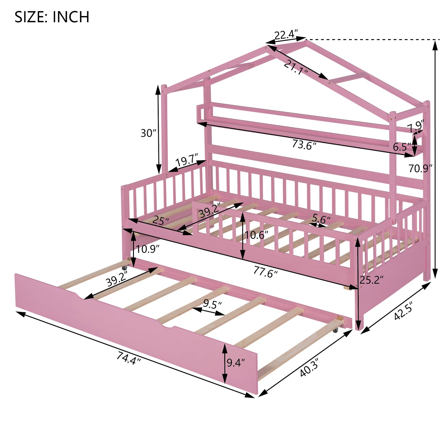 Wooden Twin Size House Bed with Trundle Kids Bed with Shelf Pink