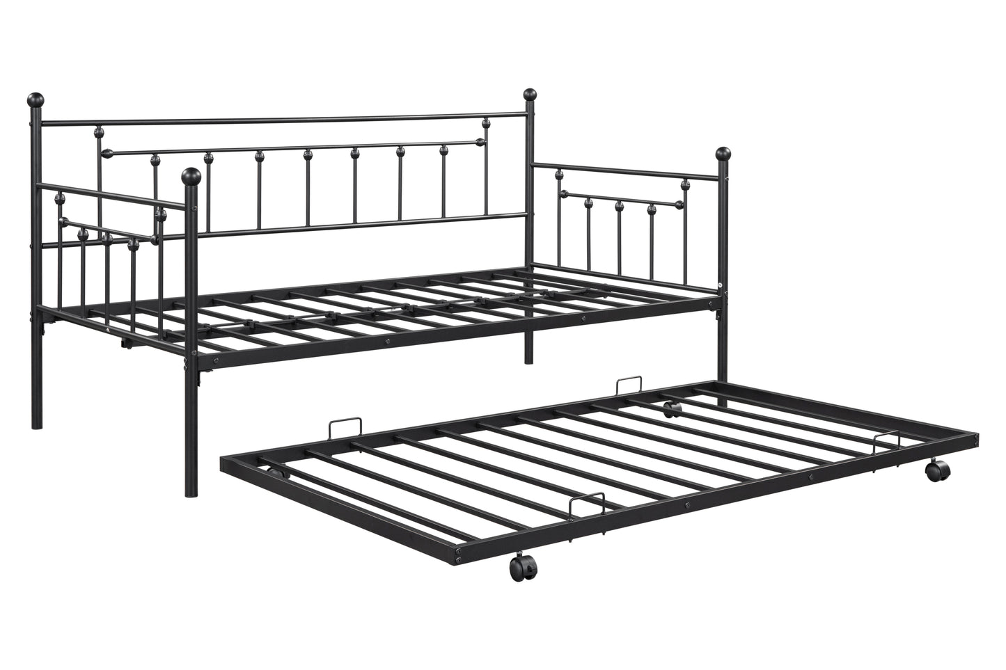 Metal double bed with ear shaft/sturdy/noise reduction/flexible ear shaft/retro style/no need for spring box (Black)