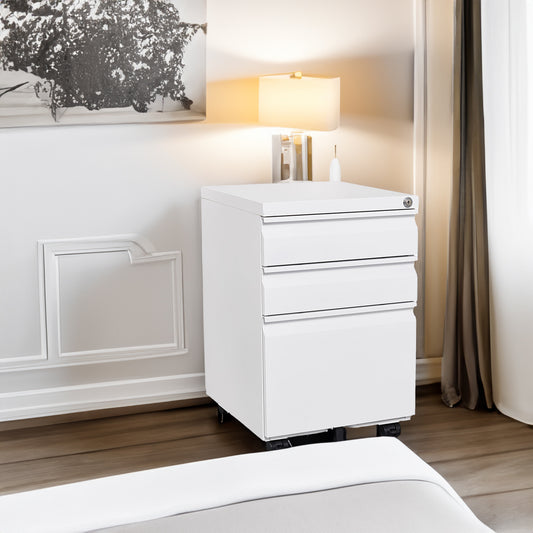 Locked three drawer storage mobile metal filing cabinet, pre assembled filing cabinet, except for wheels under the table (white)