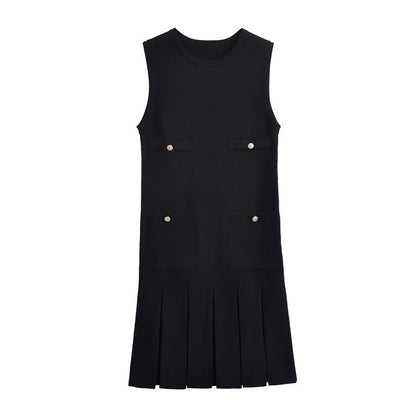 Wide pleated button knit mini dress