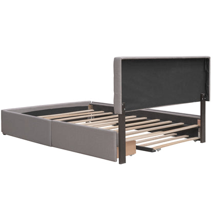 Upholstered Platform Bed with 2 Drawers and 1 Twin XL Trundle Linen Fabric Queen Size - Light Gray