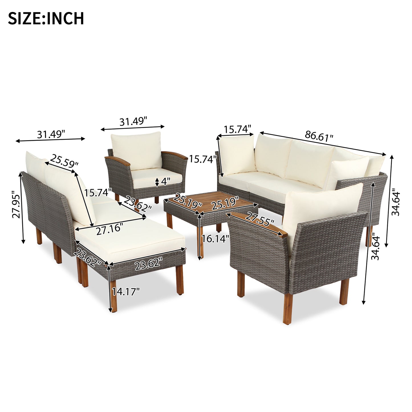 9-piece Patio rattan furniture set with Acacia wooden legs and tabletop sofa set, coffee table washable cushion beige