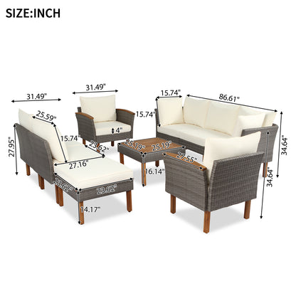 9-piece Patio rattan furniture set with Acacia wooden legs and tabletop sofa set, coffee table washable cushion beige