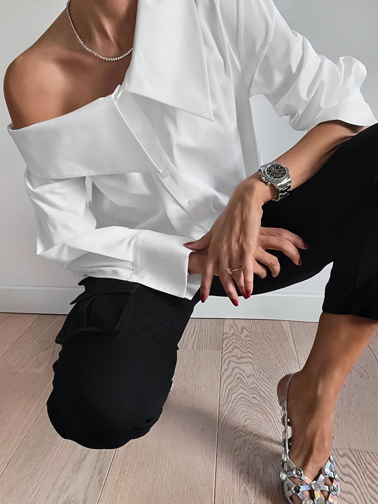 White sexy off-shoulder irregular collar temperament loose shirt