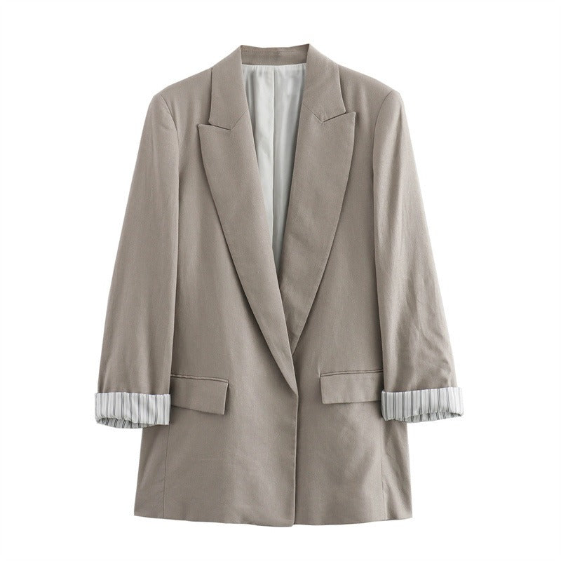 Fashionable and minimalist linen blended rolled sleeve suit jacket