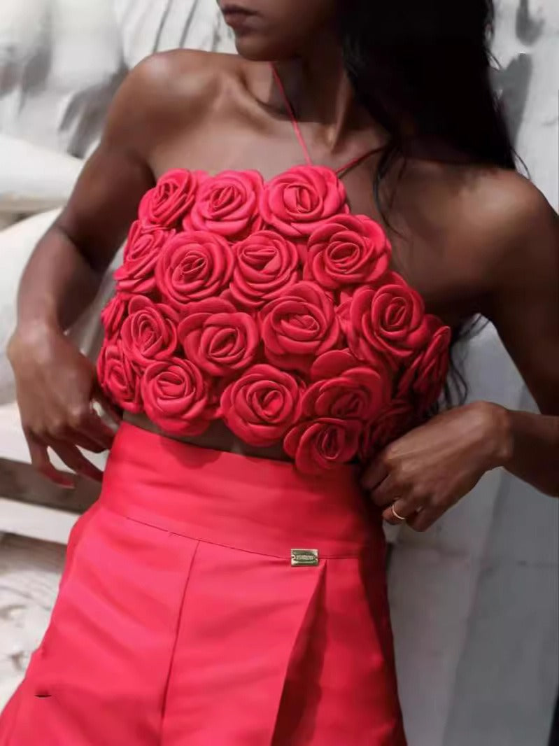 Three dimensional rose sexy neck hanging vest