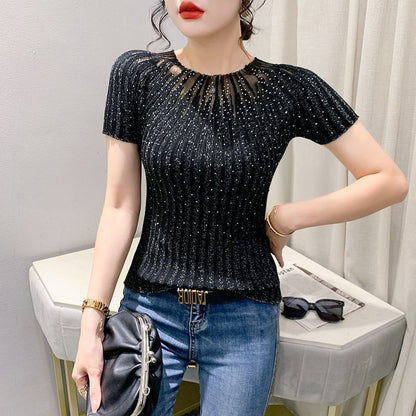 Mesh with diamond round neck bottom top for women's new solid color slim fit short sleeved shirt