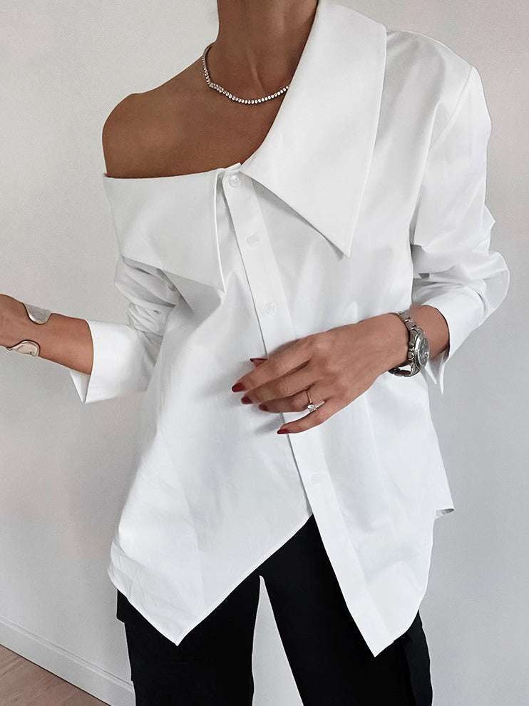 White sexy off-shoulder irregular collar temperament loose shirt