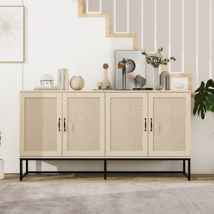 Rattan 4-Door Sideboard , Sideboard Buffet Storage Cabinet,Accent Storage Cabinet , Large Cabinet With 4 Rattan Decorated Doors