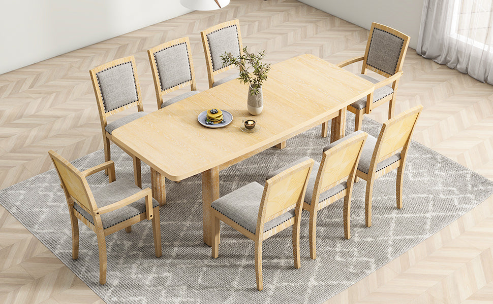 TOPMAX expandable 84 inch dining table set with 24 inch detachable leaves, 6 armless chairs and 2 armchairs  9 pieces natural