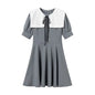 Retro contrasting large lapel waist cinched puffy dress