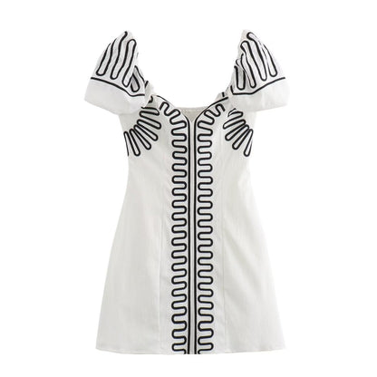 Stylish low neck sleeveless printed waist cinched white dress for women