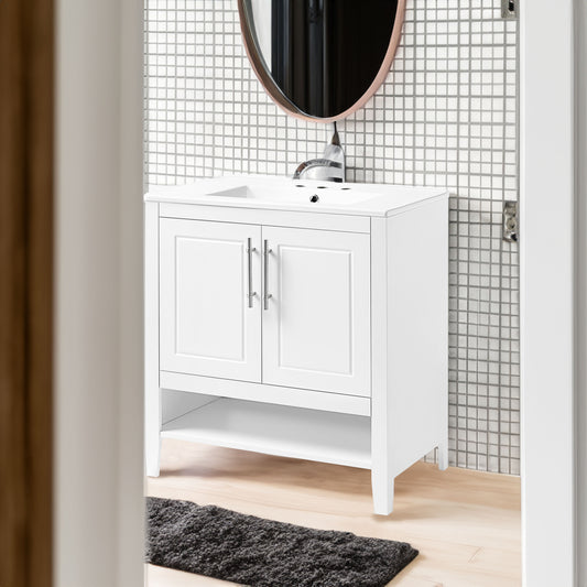 30" Bathroom Vanity with Sink  Multi-functional Bathroom Cabinet with Doors and Drawers Solid Frame and MDF Board, White