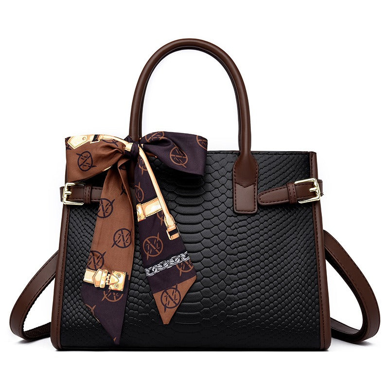 Commuting style women's bag genuine leather embossed snakeskin pattern contrasting color briefcase for women