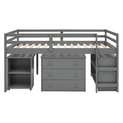 Low Study Twin Loft Bed with Cabinet and Rolling Portable Desk - Gray (OLD SKU :LP000113AAE)