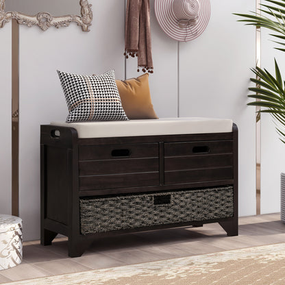 TREXM Storage Bench with Removable Basket and 2 Drawers, Fully Assembled Shoe Bench with Removable Cushion (Espresso)