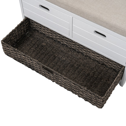 TREXM White Storage Bench with Removable Basket and 2 DrawersFully Assembled Shoe Bench with Removable Cushion