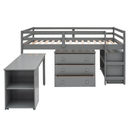 Low Study Twin Loft Bed with Cabinet and Rolling Portable Desk - Gray (OLD SKU :LP000113AAE)