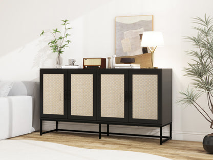 Rattan 4-Door Sideboard , Sideboard Buffet Storage Cabinet,Accent Storage Cabinet , Large Cabinet With 4 Rattan Decorated Doors