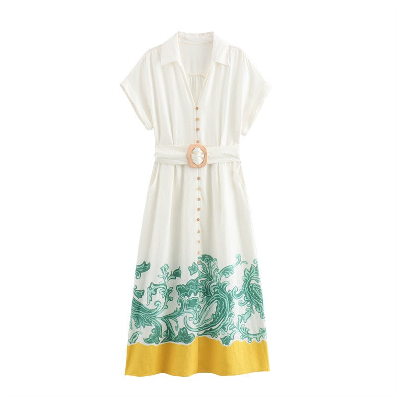 Fashionable linen printed belt decoration shirt collar dress